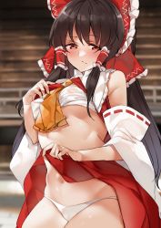 Rule 34 | 1girl, ascot, bandages, bare shoulders, black hair, bleachers, blurry, blurry background, blush, bow, breasts, chest sarashi, clothes lift, commentary request, covered erect nipples, cowboy shot, detached sleeves, frilled bow, frilled shirt collar, frills, hair bow, hair tubes, hakurei reimu, highres, indoors, ken (coffee michikusa), lifting own clothes, long hair, long sleeves, looking at viewer, navel, panties, railing, red bow, red eyes, red skirt, ribbon-trimmed sleeves, ribbon trim, sarashi, sidelocks, skirt, skirt lift, small breasts, solo, stomach, touhou, underwear, very long hair, white panties, wide sleeves, yellow ascot