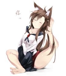 Rule 34 | 1girl, animal ears, barefoot, breasts, brooch, brown hair, dress, closed eyes, feet, female focus, gorilla (bun0615), highres, imaizumi kagerou, jewelry, medium breasts, panties, pantyshot, scratching, simple background, sitting, soles, solo, tail, toes, touhou, underwear, white background, wide sleeves, wolf ears, wolf tail