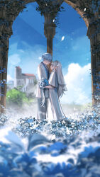 Rule 34 | 1boy, 1girl, advarcher, blue flower, blue hair, blue sky, blurry, blurry foreground, bouquet, closed eyes, cloud, cloudy sky, commentary, couple, day, dress, elf, english commentary, field, flower, flower field, formal, frieren, full body, hair down, hair over eyes, hetero, highres, himmel (sousou no frieren), holding, holding bouquet, light particles, long hair, no eyes, pointy ears, scenery, short hair, sky, sousou no frieren, standing, suit, variant set, very long hair, wedding, wedding dress, white dress, white hair, white suit, wide shot
