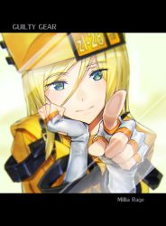 Rule 34 | 1girl, absurdres, ashiomi masato, blonde hair, blue eyes, closed mouth, fingerless gloves, gloves, guilty gear, hat, highres, long hair, long sleeves, looking at viewer, millia rage, orange hat, solo