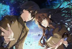 1boy 1girl anniversary artist_name blue_ribbon brown_eyes brown_hair closed_mouth commentary_request copyright_name fate/extra fate_(series) floating_hair hair_between_eyes hand_up kishinami_hakuno_(female) kishinami_hakuno_(male) light_smile long_hair long_sleeves looking_at_viewer neck_ribbon ribbon school_uniform short_hair sidelocks sumi_2222 twitter_username water_drop