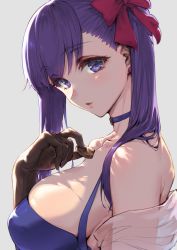 Rule 34 | 1girl, backlighting, bare shoulders, black gloves, blue dress, blush, bow, breasts, candy, chocolate, chocolate heart, choker, collarbone, dress, earrings, elbow gloves, fate/stay night, fate (series), food, gloves, grey background, hair bow, haoni, heart, highres, jewelry, large breasts, long hair, looking at viewer, matou sakura, open mouth, parted lips, ponytail, purple eyes, purple hair, red bow, solo