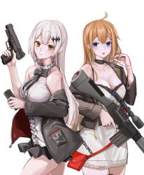 Rule 34 | 2girls, alternate hairstyle, ammunition, armor-piercing ammunition, bag, bare shoulders, black jacket, black neckwear, blonde hair, blue eyes, blush, bow, bowtie, breasts, bullet, cleavage, closed mouth, clothes pull, collarbone, cross, dress, earrings, fal (girls&#039; frontline), feet out of frame, five-seven (girls&#039; frontline), fn 5.7x28mm, fn five-seven, frilled shirt, frills, girls&#039; frontline, gun, hair down, hand up, handgun, handgun cartridge, highres, holding, holding gun, holding weapon, jacket, jacket pull, jewelry, lithographica, long hair, looking at viewer, medium breasts, multiple girls, open mouth, orange eyes, pdw-caliber pistol, pdw cartridge, pistol cartridge, shirt, sleeveless, sleeveless shirt, smile, standing, weapon, white background, white dress, white hair, white shirt