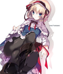 Rule 34 | 1girl, alice margatroid, bad id, bad pixiv id, black pantyhose, blonde hair, blue dress, boots, capelet, cierra (ra-bit), clothes lift, crossed legs, dress, dress lift, hairband, lolita hairband, long sleeves, looking at viewer, pantyhose, ribbon, sash, shirt, sitting, solo, touhou, upskirt