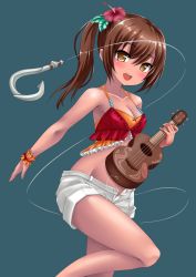 Rule 34 | 1girl, armpit peek, bikini, blue background, breasts, brown eyes, brown hair, cleavage, collarbone, commentary request, feet out of frame, fishing hook, fishing line, flower, girls symphony, hair between eyes, hair flower, hair ornament, head tilt, hibiscus, highres, holding, holding instrument, instrument, kaze makase, kurere (girls symphony), layered bikini, leg lift, medium breasts, open clothes, open mouth, open shorts, ponytail, shorts, simple background, solo, standing, standing on one leg, swimsuit, tan, teeth, ukulele, upper teeth only, white shorts, wrist cuffs