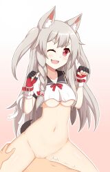 Rule 34 | 1boy, 1girl, animal ears, azur lane, bottomless, bow, breasts, claw pose, cowgirl position, crop top, crop top overhang, grey hair, hetero, highres, medium breasts, non-web source, ohno, red bow, red eyes, sex, shirt, smile, straddling, tail, underboob, vaginal, white shirt, wolf ears, wolf girl, wolf tail, yuudachi (azur lane)