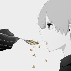 Rule 34 | 1boy, avogado6, black eyes, black gloves, bleeding, blood, eating, from side, gloves, holding, holding spoon, looking at another, looking away, male focus, original, partially colored, profile, simple background, solo focus, spoon, tears, thumbtack, white background