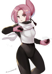 Rule 34 | 1girl, black bodysuit, bodysuit, commentary request, covered navel, folded ponytail, forehead, gloves, kemurikusa, looking at viewer, lunacats, parted bangs, parted lips, pink gloves, red eyes, red hair, rin (kemurikusa), scarf, shirt, simple background, sleeveless, sleeveless shirt, solo, twitter username, white background, white scarf, white shirt