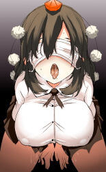 Rule 34 | 1girl, akure ekuto, black hair, breasts, covered erect nipples, covered eyes, from above, gradient background, grey background, hair between eyes, hat, highres, huge breasts, long hair, mask, mouth mask, open mouth, oral invitation, pom pom (clothes), puffy short sleeves, puffy sleeves, saliva, shameimaru aya, short sleeves, simple background, sitting, skirt, solo, tokin hat, tongue, tongue out, touhou, wariza