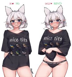 Rule 34 | 1girl, absurdres, animal ears, artist name, auraaa, black panties, black shirt, blue eyes, blush, breasts, cat ears, closed mouth, clothes lift, cowboy shot, english text, glasses, groin, highres, large breasts, looking at viewer, multiple views, open mouth, original, panties, pointy ears, round eyewear, shirt, shirt lift, short hair, simple background, tearing up, teeth, underwear, upper teeth only, white background, white hair