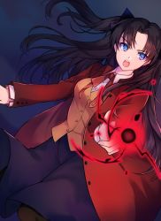 Rule 34 | 1girl, beige vest, black hair, black skirt, blue eyes, collared shirt, fate/stay night, fate (series), gandr, hair ribbon, highres, homurahara academy school uniform, incoming attack, jacket, long hair, long sleeves, maru (pixiv51714255), neck ribbon, open mouth, pantyhose, red jacket, red ribbon, ribbon, school uniform, shirt, skirt, solo, teeth, tohsaka rin, two side up, upper teeth only, v-shaped eyebrows, vest, yellow vest