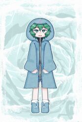 Rule 34 | 1other, androgynous, black shirt, blue coat, blue footwear, bright pupils, chikafumikou, coat, commentary request, frown, full body, green eyes, green hair, grey shorts, hood, hood up, hooded coat, len&#039;en, long sleeves, looking at viewer, open mouth, other focus, outline, shirt, shitodo aoji, short hair, shorts, socks, solo, white outline, white pupils, white socks