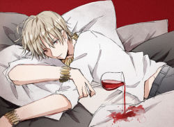 Rule 34 | 1boy, alcohol, bad id, bad pixiv id, blonde hair, bracelet, cup, drinking glass, fate/stay night, fate/zero, fate (series), gilgamesh (fate), hishi (k-xaby), jewelry, male focus, necklace, official alternate costume, red eyes, solo, wine, wine glass