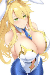 Rule 34 | 1girl, ahoge, animal ears, arms behind back, artoria pendragon (all), artoria pendragon (fate), artoria pendragon (swimsuit ruler) (fate), bare shoulders, blonde hair, blue pantyhose, blush, breasts, cleavage, clothing cutout, detached collar, fate/grand order, fate (series), gold trim, green eyes, hair between eyes, highleg, highleg leotard, large breasts, leotard, long hair, looking at viewer, navel, navel cutout, necktie, pantyhose, playboy bunny, ponytail, rabbit ears, sidelocks, soba (saz), solo, thighs, tiara, white leotard