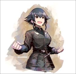 Rule 34 | 10s, arms up, belt, black hair, black shirt, braid, brown eyes, clenched hands, colorized, commentary request, girls und panzer, jacket, k-suwabe, knife, military, military uniform, open mouth, pepperoni (girls und panzer), sheath, shirt, short hair, sidelocks, solo, spiked hair, twitter username, uniform