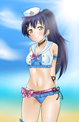 Rule 34 | 1girl, alternate hairstyle, anchor necklace, anchor symbol, aqua scrunchie, arm ribbon, arms behind back, artist name, artist request, bare legs, bare shoulders, beach, bikini, bikini skirt, black choker, blue hair, blue sky, blush, bow, bowtie, breasts, brown eyes, choker, cloud, collarbone, day, detached sleeves, female focus, hair between eyes, hair ornament, hairclip, hat, high ponytail, highres, jewelry, long hair, looking at viewer, love live!, love live! school idol festival, love live! school idol project, mini hat, neckerchief, necklace, ocean, outdoors, parted lips, pink bow, pink neckerchief, pink ribbon, ponytail, ribbon, sailor collar, sailor hat, scrunchie, side-tie bikini bottom, sky, small breasts, smile, solo, sonoda umi, star (symbol), star hair ornament, striped bow, striped ribbon, swimsuit, white hat, white sailor collar, yellow eyes
