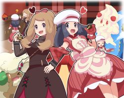 Rule 34 | 1boy, 2girls, :d, ?, absurdres, alcremie, alcremie (strawberry sweet), apron, bad id, bad pixiv id, black hair, blush, bow, brown hair, buttons, commentary request, creatures (company), cupboard, dawn (palentine&#039;s 2021) (pokemon), dawn (pokemon), dress, eyelashes, game freak, gen 4 pokemon, gen 5 pokemon, gen 8 pokemon, grey eyes, gym leader, hair bow, hand on own hip, hand up, hat, heart, highres, holding, long hair, mittens, multiple girls, nintendo, o o, official alternate costume, open mouth, outline, pokemon, pokemon (creature), pokemon dppt, pokemon masters ex, red bow, red dress, red mittens, rotom, rotom (heat), saon101, serena (palentine&#039;s 2021) (pokemon), serena (pokemon), smile, standing, sunglasses, tongue, volkner (pokemon), whimsicott, white headwear