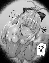 Rule 34 | 1girl, absurdres, after fellatio, ahoge, anger vein, artoria caster (fate), artoria pendragon (fate), blush, breasts, collarbone, completely nude, fate/grand order, fate (series), flying sweatdrops, heart, heart-shaped pupils, hetero, highres, hxd, long hair, medium breasts, nipples, nude, ponytail, smile, solo, spoken anger vein, spoken heart, sweat, sweatdrop, symbol-shaped pupils