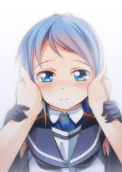 Rule 34 | 10s, 1girl, blue eyes, blue hair, blush, elbow gloves, gloves, hands on another&#039;s cheeks, hands on another&#039;s face, highres, holding another&#039;s wrist, kantai collection, light smile, long hair, looking at viewer, pov, pov hands, samidare (kancolle), school uniform, serafuku, solo focus, yasume yukito