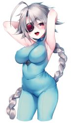 Rule 34 | 1girl, absurdres, ahoge, armpits, arms behind head, arms up, blazblue, blush, bodysuit, braid, breasts, covered erect nipples, covered navel, eyepatch, highres, hime gyo, large breasts, long hair, looking at viewer, nu-13, open mouth, red eyes, silver hair, simple background, single braid, skin tight, solo, white background