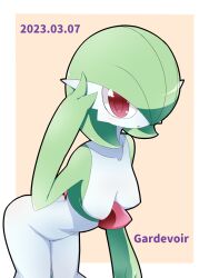 Rule 34 | 1girl, arched back, black outline, blush, bob cut, border, breasts, character name, collarbone, colored skin, cowboy shot, creatures (company), dated, english text, female focus, game freak, gardevoir, gardevoir day, gen 3 pokemon, green hair, green skin, hair over one eye, hand up, highres, leaning forward, light blush, looking at viewer, medium breasts, multicolored skin, neichii, nintendo, one eye covered, open mouth, orange background, outline, outside border, pokemon, pokemon (creature), red eyes, short hair, simple background, solo, standing, two-tone skin, white border, white skin