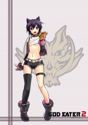 Rule 34 | 10s, 1girl, :d, absurdres, animal ears, ankle boots, asymmetrical legwear, bare shoulders, belt, black hair, black thighhighs, blush, boots, breasts, brown eyes, buckle, can, collarbone, drink can, fingerless gloves, food, gloves, god eater, god eater 2: rage burst, hair ornament, hairclip, highres, holding, kouzuki nana, midriff, navel, open mouth, outstretched arm, purple hair, round teeth, shimotsukiriya, short hair, short shorts, shorts, smile, socks, soda can, solo, stomach, strapless, tareme, teeth, thighhighs, thighs, tongue, tube top, underboob, uneven legwear