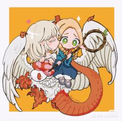 Rule 34 | 2girls, ambrosia (dungeon meshi), bird wings, blonde hair, blue dress, border, braid, bright pupils, chibi, chibi only, chimera, chinese commentary, choker, claws, closed eyes, commentary request, dragon tail, dress, dungeon meshi, elf, falin touden, falin touden (chimera), feathered wings, full body, green eyes, grey footwear, heart, highres, holding, holding staff, interspecies, marcille donato, medium hair, monster girl, multiple girls, orange background, outside border, pointy ears, red choker, scales, short hair, simple background, sitting, sitting on person, smile, staff, tail, taur, twin braids, walking mushroom (dungeon meshi), wavy mouth, white border, white pupils, white wings, wings, xunyu (tufu0480), yuri