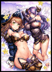 Rule 34 | 10s, 2girls, ajishio, alternate costume, areola slip, arms behind back, ass, bare shoulders, bdsm, beatrix (granblue fantasy), black border, black legwear, blue eyes, bondage, border, bound, bound arms, breasts, brown hair, bursting breasts, collarbone, covered erect nipples, detached sleeves, draph, dress, granblue fantasy, green eyes, groin, hair over one eye, hat, horns, impossible clothes, large breasts, leg lift, light purple hair, lips, long hair, looking at viewer, lying, midriff, miniskirt, multiple girls, narmaya (granblue fantasy), navel, no panties, no pants, off shoulder, on back, on side, parted lips, ponytail, puffy nipples, restrained, shiny clothes, short dress, sideboob, skindentation, skirt, sleeveless, sleeveless dress, smile, swept bangs, thigh strap, thighhighs, thighs, witch hat