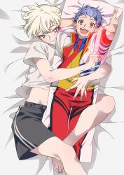Rule 34 | 1boy, androgynous, bad id, bad twitter id, barefoot, bed sheet, black shorts, blonde hair, blue hair, closed mouth, dakimakura (object), foot out of frame, glowstick, highres, holding, holding glowstick, hugging object, ichijou shin, idol clothes, image sample, implied yaoi, inactive account, jacket, king of prism, kisaragi louis, looking at viewer, lying, male focus, midriff peek, necktie, on back, open mouth, pants, pillow, pillow hug, pretty rhythm, pretty series, red eyes, red necktie, red pants, shirt, short hair, short sleeves, shorts, smile, solo, twitter sample, white jacket, white shirt, yellow eyes, zashima