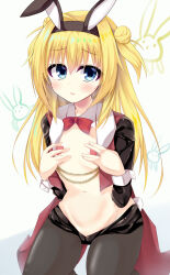Rule 34 | 1girl, animal ears, animal print, black hairband, black suit, blonde hair, blue eyes, blush, bow, bowtie, breast conscious, breasts, chitose sana, collar, commentary request, detached collar, double bun, eyelashes, eyes visible through hair, fake animal ears, fishnet pantyhose, fishnets, formal, frown, hair between eyes, hair bun, hair intakes, hairband, heart, heart pasties, highres, kneeling, kyouno komatsu, leotard, long hair, long sleeves, looking at viewer, meme attire, navel, open mouth, pantyhose, pasties, playboy bunny, rabbit ears, rabbit print, red bow, red bowtie, reverse bunnysuit, reverse outfit, shy, simple background, small breasts, solo, stomach, suit, sweatdrop, tenshinranman, two side up, upturned eyes, white background, white collar
