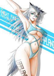 Rule 34 | 1girl, :d, absurdres, animal ear fluff, animal ears, aqua eyes, arknights, armpits, arms up, blue one-piece swimsuit, breasts, cameltoe, casual one-piece swimsuit, character name, cleft of venus, covered erect nipples, cowboy shot, grey hair, grey theme, groin, hair ornament, hairclip, highres, knight fault, lappland (arknights), large breasts, looking at viewer, navel, one-piece swimsuit, open mouth, sharp teeth, smile, solo, spot color, swimsuit, tail, teeth, two-tone background, underboob, upper teeth only, wolf ears, wolf girl, wolf tail