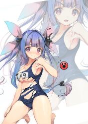 Rule 34 | 1girl, :3, blue hair, blue one-piece swimsuit, blush, breasts, flower-shaped pupils, hair ribbon, highres, i-19 (kancolle), kantai collection, large breasts, long hair, looking at viewer, name tag, nose blush, one-piece swimsuit, red eyes, ribbon, school swimsuit, smile, solo, star-shaped pupils, star (symbol), swimsuit, symbol-shaped pupils, torn clothes, torn swimsuit, tri tails, yashin (yasinz), zoom layer