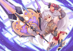 Rule 34 | 1girl, :d, ahoge, armpits, aura, axe, bare shoulders, big hair, boots, breasts, draph, dunceneygak, elbow gloves, gloves, granblue fantasy, grey gloves, grey hair, hair between eyes, highres, holding, holding weapon, horns, large breasts, leaning forward, long hair, looking at viewer, armored boots, open mouth, red eyes, red skirt, skindentation, skirt, smile, solo, threo (granblue fantasy), thighhighs, thighhighs under boots, very long hair, weapon, wristband