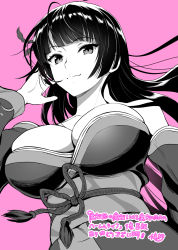 Rule 34 | 1girl, bad id, bad twitter id, blunt bangs, breasts, closed mouth, detached sleeves, greyscale with colored background, hand up, highres, hime cut, japanese clothes, kimono, kojima saya, large breasts, long hair, long sleeves, looking at viewer, maken-shi no maken ni yoru maken no tame no harem life, obi, pink background, rope belt, sash, simple background, smile, solo