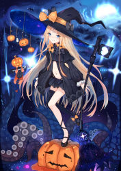 Rule 34 | 1girl, abigail williams (fate), absurdres, bandaid, bandaid on face, bandaid on forehead, bare shoulders, bat wings, black bow, black dress, black footwear, black hat, black panties, black skirt, black thighhighs, blonde hair, blue eyes, blush, bow, breasts, candy, candy cane, closed mouth, crossed bandaids, dress, fate/grand order, fate (series), food, forehead, full moon, halloween, hat, highres, jack-o&#039;-lantern, key, long hair, looking at viewer, moon, multiple bows, navel, night, night sky, open clothes, open dress, orange bow, panties, parted bangs, polka dot, polka dot bow, pumpkin, ribbed dress, sakura nnk, single thighhigh, skirt, sky, small breasts, smile, solo, space, staff, stuffed animal, stuffed toy, teddy bear, tentacles, thighhighs, underwear, very long hair, wings, witch hat