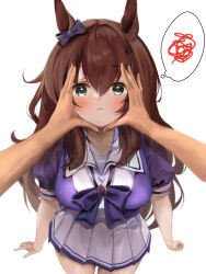 Rule 34 | 1girl, absurdres, animal ears, aqua eyes, arms at sides, blush, bow, breasts, commentary request, ear bow, face hold, hair between eyes, highres, horse ears, horse girl, large breasts, looking at viewer, maruzensky (umamusume), pleated skirt, puffy short sleeves, puffy sleeves, purple bow, purple shirt, school uniform, shirt, short sleeves, simple background, skirt, solo, spoken squiggle, squiggle, tracen school uniform, umainu 2002, umamusume, white background, white skirt