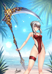 Rule 34 | 1girl, adsouto, ahoge, artist name, beach, blue eyes, braid, braided bun, breasts, casual one-piece swimsuit, closed mouth, collarbone, covered erect nipples, day, fate (series), gray (fate), hair bun, highleg, highleg swimsuit, highres, holding, holding scythe, looking at viewer, lord el-melloi ii case files, ocean, one-piece swimsuit, outdoors, palm tree, red one-piece swimsuit, scythe, short hair with long locks, signature, silver hair, small breasts, smile, solo, sparkle, standing, swimsuit, thigh strap, tree
