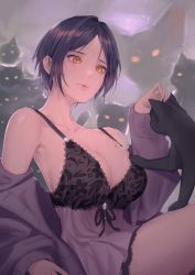 Rule 34 | 1girl, bare shoulders, black hair, breast poke, breasts, cardigan, cat, collarbone, da souls, grey sweater, hayami kanade, highres, idolmaster, idolmaster cinderella girls, lace trim, large breasts, nightgown, off shoulder, open cardigan, open clothes, orange eyes, parted bangs, poking, scratches, short hair, solo, strap gap, sweater