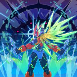 Rule 34 | 1boy, absurdres, alternate costume, alternate design, android, dual wielding, energy blade, energy sword, from behind, green hair, helmet, hi-go!, highres, holding, holding weapon, long hair, looking at viewer, looking back, male focus, mega man (series), mega man zero (series), signature, solo, standing, sword, translucent hair, unlimited blade works (fate), weapon, z saber, zero(z) (mega man), zero (mega man)