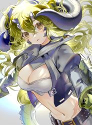 Rule 34 | 1girl, absurdres, arknights, belt, belt buckle, blonde hair, blush, breasts, brown eyes, buckle, cleavage, closed mouth, crop top, cropped jacket, estelle (arknights), gradient background, grey jacket, highres, horns, jacket, juliet sleeves, large breasts, long hair, long sleeves, looking at viewer, material growth, navel, open clothes, open jacket, oripathy lesion (arknights), puffy sleeves, solo, stomach, upper body, very long hair, white background