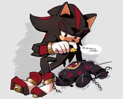 Rule 34 | 1boy, ama (fp2di9p3jeqez1n), animal ears, animal nose, chain, cuffs, doom&#039;s eye (sonic), english text, food, fruit, furry, furry male, gloves, grey background, half-closed eyes, highres, holding, holding food, lemon, lemon juice, lemon slice, looking at another, male focus, red eyes, shackles, shadow the hedgehog, shadow the hedgehog (game), shoes, simple background, sonic (series), speech bubble, sweat, tail, tears, torture, trembling, white gloves