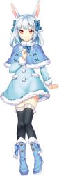 Rule 34 | 1girl, agekichi (heart shape), animal ear fluff, animal ears, artwhirl mahou gakuen no otome-tachi, blue bow, blue capelet, blue dress, blue footwear, boots, bow, capelet, dress, full body, fur-trimmed boots, fur-trimmed capelet, fur-trimmed dress, fur-trimmed sleeves, fur trim, hair bow, highres, long hair, long sleeves, looking at viewer, rabbit ears, rabbit girl, red eyes, short dress, simple background, snow (artwhirl), solo, standing, thighhighs, transparent background, white hair, zettai ryouiki