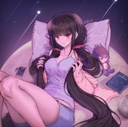 Rule 34 | 1girl, beige jacket, black hair, blunt bangs, blush, book, breasts, c01a (cola), collarbone, commentary, danganronpa (series), danganronpa v3: killing harmony, frown, hair ornament, harukawa maki, highres, long hair, looking at viewer, low twintails, lying, medium breasts, mole, mole under eye, momota kaito, on back, pajamas, phone, pillow, pink pajamas, pink shorts, pout, red eyes, red scrunchie, scrunchie, short shorts, shorts, solo, star (sky), stuffed toy, twintails, very long hair