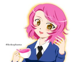 Rule 34 | black necktie, black tea, blue jacket, blush, brown eyes, commentary, commentary request, cup, girls und panzer, holding, holding cup, jacket, kokophama, necktie, pink hair, rosehip (girls und panzer), school uniform, shirt, short hair, st. gloriana&#039;s school uniform, tea, teacup, translation request, twitter username, white background, white shirt