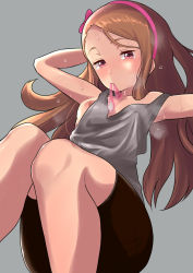 Rule 34 | 1girl, arm up, bad id, bad pixiv id, black shorts, blush, bow, breasts, brown hair, condom, condom in mouth, grey background, hair bow, hairband, herukerua, highres, idolmaster, idolmaster (classic), knees up, looking at viewer, minase iori, mouth hold, nipple slip, nipples, pink bow, pink eyes, pink hairband, shorts, sitting, small breasts, solo, tank top, used condom
