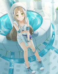 Rule 34 | 1girl, armband, atelier (series), atelier firis, backpack, bad id, bad pixiv id, bag, blue footwear, blush, boots, braid, breasts, brown hair, circlet, cleavage, closed mouth, collarbone, elbow gloves, fingerless gloves, firis mistlud, fountain, from above, full body, gloves, green eyes, hat, long hair, looking at viewer, medium breasts, ojiki, own hands together, parted bangs, single elbow glove, sitting, smile, solo, v arms, water, white hat, wrist cuffs