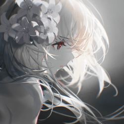 Rule 34 | 1girl, bare shoulders, black background, chi4, flower, gradient background, hair flower, hair ornament, highres, lily (flower), long hair, original, portrait, red eyes, simple background, solo, spot color, tagme, white background, white flower
