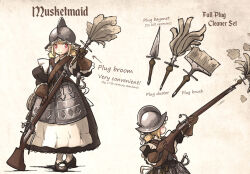 Rule 34 | 1girl, armor, armored dress, bandolier, bayonet, blonde hair, broom, duster, feather duster, gloves, gun, helmet, highres, ironlily, leather, leather gloves, maid, mary janes, multiple views, musket, original, red eyes, sheath, sheathed, shoes, short twintails, socks, solo, twintails, weapon, white socks