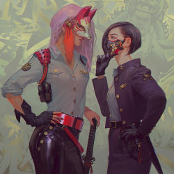 Rule 34 | 2girls, belt, black gloves, black pants, blue jacket, blue shirt, brown hair, collared shirt, contrapposto, dress shirt, eye contact, fingerless gloves, fingernails, fox mask, from behind, gloves, hand on hilt, hand on own chin, height difference, insignia, jacket, katana, long hair, long sleeves, looking at another, mask, multiple girls, nail polish, original, pants, parted lips, pink hair, police, police uniform, policewoman, shirt, short hair, shoulder pads, grey eyes, sleeves rolled up, standing, sword, tomono rui, uniform, weapon, wing collar