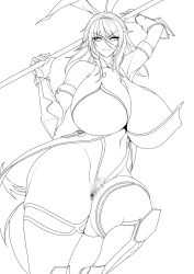 Rule 34 | 1girl, absurdres, arm up, armor, armpits, ass, bare shoulders, breasts, censored, collarbone, covered collarbone, covered erect nipples, covered navel, elbow gloves, gauntlets, gloves, gluteal fold, greaves, hair ribbon, highleg, highleg leotard, highres, huge breasts, korean commentary, leg up, leotard, looking at viewer, medium hair, mijangsen, mizuki shiranui, mosaic censoring, over shoulder, puffy nipples, ribbon, sidelocks, sketch, skindentation, solo, standing, standing on one leg, taimanin (series), taimanin suit, taimanin yukikaze, thick thighs, thighhighs, thighs, translation request, unfinished, v-shaped eyebrows, weapon, weapon over shoulder
